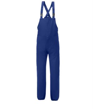 Anti Tangle Latzhose, elastische Hosentraeger, seitliche Oeffnung, Brusttasche mit Klettverschluss geschlossen, blaue Farbe. UNI EN 510 und UNI EN 340: 04 Zertifikat
