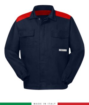 Zweifarbige Multipro-Jacke, verdeckter Knopfverschluss, zwei Brusttaschen, elastische Aermelbuendchen, Farbeinsaetze an Schultern und Innenkragen, Made in Italy, Farbe marineblau/rot