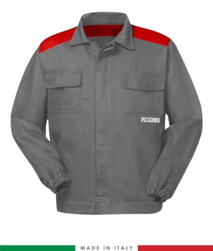 Zweifarbige dreiwertige Jacke, verdeckter Knopfverschluss, zwei Brusttaschen, elastische Aermelbuendchen, Farbeinsaetze an Schultern und Innenhals, Farbe grau/rot