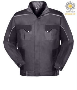 Zweifarbige Mehrtaschen Arbeitsjacke mit reflektierender Paspel an Schultern und Aermeln. Farbe grau/schwarz