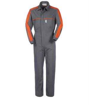 Mehrtaschen-Bekleidung mit kontrastierenden Details an Schultern und Brust, elastische Manschetten, Hemdkragen, Farbe grau und orange