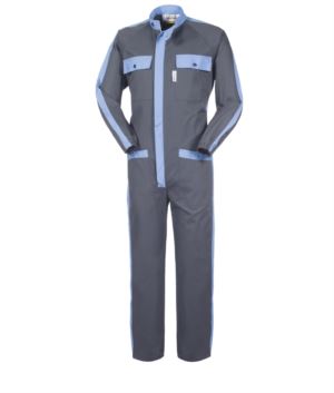 Mehrtaschen-Arbeitskleidung mit kontrastierenden Details, koreanischem Kragen, elastischen Handgelenken, Farbe grau und hellblau