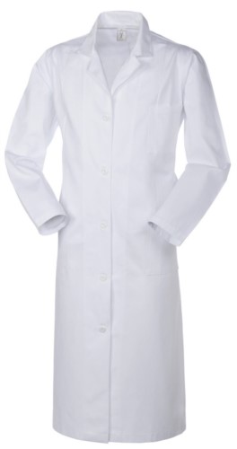 Medizinisches Damenhemd, Knopfleiste, offener Kragen, zwei aufgesetzte Taschen und eine Tasche, Rueckenschlitz, Fadenheftung, Farbe weiss