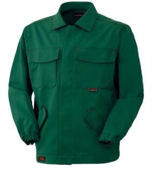 Feuerfeste Jacke, verdeckter Knopfverschluss, geschlossener Kragen, zwei Taschen und zwei Taschen, Farbe gruen. CE-zertifiziert, EN 11611, EN 11612:2009