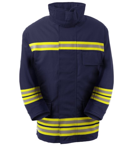 Feuerfeste Jacke, Funktasche, Frontreissverschluss, Strickbuendchen, Kragen passend zum Helm, marineblau. EN 469 zertifiziert