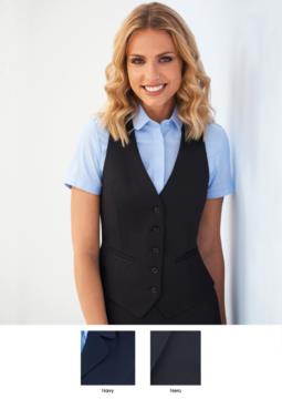 Damenweste mit 5 Knopfverschluessen und zwei Taschen. Erhaeltliche Farben: Schwarz und Marineblau. 100% Polyester.