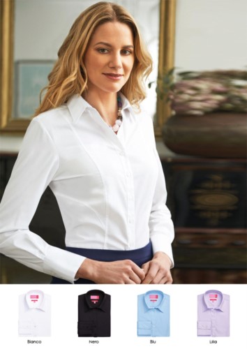 Damen-Polyester- und Baumwollhemd mit leichtem Buegelgewebe. Ideal fuer elegante Arbeitskleidung, fuer Empfangsdamen, Hostessen, Hoteliers.