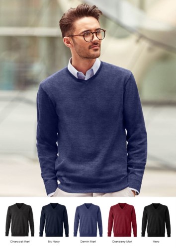 Herren V-Ausschnitt Pullover mit langen Aermeln, gerippter Hals und Aermelbuendchen, nahtlos, Baumwolle und Acrylgewebe