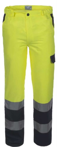 Zweifarbige Warnschutzhose mit Doppelband an der Unterseite des Beines, zertifiziert nach EN 20471, Farbe gelb/blau