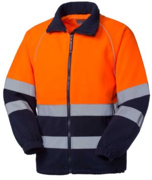 Warnschutz-Fleece mit doppeltem Reflexband an der Taille, Verschluss mit Schleier, zertifiziert nach EN 20471. Farbe orange/Blau