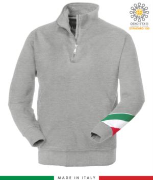 Arbeits Sweatshirt mit kurzem Reissverschluss hergestellt in Italien Grosshandel Melange Grau Farbe Italienische Flagge