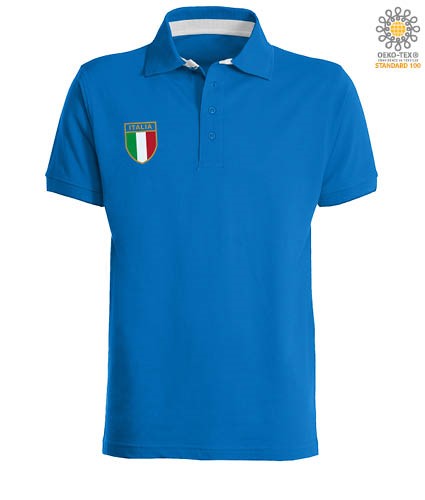 Kurzarm Poloshirt aus Jersey, vier Knoepfe, kontrastierender Kragen und Schlitzband, italienischer Schild auf der Brust, Farbe koenigsblau