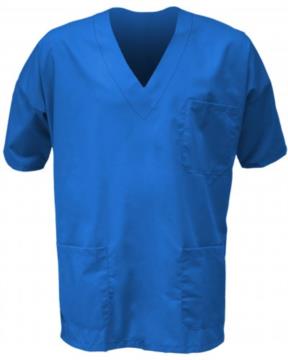 Unisex Krankenhausjacke, V-Ausschnitt, kurze Aermel, linke Brusttasche und aufgesetzte rechte Vordertasche, Farbe blau