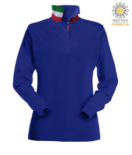 Langaermeliges Poloshirt mit dreifarbigen Elementen am Kragen und am Schlitz. Farbe koenigsblau