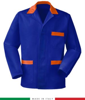 blaue, in Italien hergestellte Arbeitsjacke, 100% Baumwolle Massaua und zwei Taschen, farbe koengsblau/orange