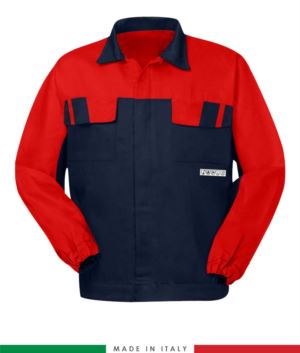 weifarbige Jacke, verdeckter Knopfverschluss, zwei Brusttaschen, elastische Aermelbuendchen, Farbeinsaetze an Schultern und Innenkragen, Made in Italy, Farbe marineblau/ rot