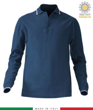 Langaermeliges dreifarbiges Pique-Poloshirt, Seitenschlitze, drei passende Knoepfe, made in Italy, Farbe marineblau