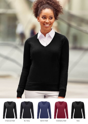 Damen V-Ausschnitt Pullover mit geripptem Ausschnitt und Manschetten, nahtlos, Baumwolle und Acrylgewebe