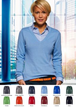 Damen V-Ausschnitt aermelloser Pullover mit elastischem Ripp-Ausschnitt und Manschetten, 100% Baumwollstrickware. Farbe anthrazit melange