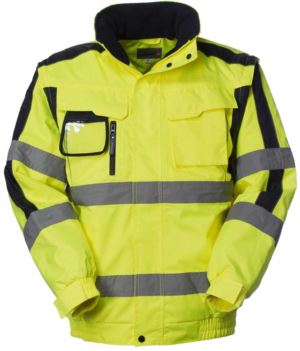 Warnschutz Pilotjacke mit abnehmbaren Aermeln, Badge-Halterung, verdeckte Kapuze, Doppelband an Aermeln und Taille, zertifiziert nach EN 343, EN 20471. Farbe gelb