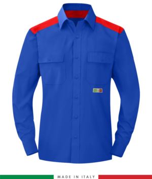 Zweifarbiges Mehrzweckhemd, Druckknopfverschluss, zwei Brusttaschen, farbige Einsätze an Schultern und Innenkragen, zertifiziert nach EN 1149-5, EN 13034, UNI EN ISO 14116:2008, Farbe koenigsblaublau und rot