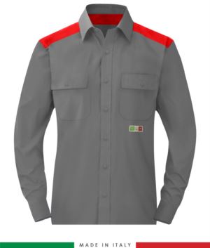 Zweifarbiges Mehrzweckhemd, Druckknopfverschluss, zwei Brusttaschen, farbige Einsätze an Schultern und Innenkragen, zertifiziert nach EN 1149-5, EN 13034, UNI EN ISO 14116:2008, Farbe grau/rot