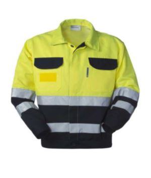 Warnschutzjacke mit Hemdkragen, Brusttaschen, Doppelband an Taille und Ärmeln, zertifiziert nach EN 20471, Farbe gelb/blau