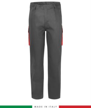 Zweifarbige Multipro Hose, mehrteilig, farbiges Profil an den Taschen, Made in Italy, zertifiziert nach EN 11611, EN 1149-5, EN 13034, CEI EN 61482-1-2:2008, EN 11612:2009, Farbe grau und rot