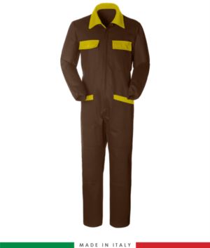 Zweifarbiger Overall, Hemdkragen,mittig verdeckter Reissverschluss, elastische Taille. Moeglichkeit der personalisierten Produktion. Hergestellt in Italien. Farbe braun/gelb