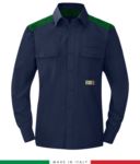 Zweifarbiges Mehrzweckhemd, Druckknopfverschluss, zwei Brusttaschen, farbige Einsätze an Schultern und Innenkragen, zertifiziert nach EN 1149-5, EN 13034, UNI EN ISO 14116:2008, Farbe marineblau/ rot RU801APLT54.BLV