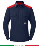 Zweifarbiges Mehrzweckhemd, Druckknopfverschluss, zwei Brusttaschen, farbige Einsätze an Schultern und Innenkragen, zertifiziert nach EN 1149-5, EN 13034, UNI EN ISO 14116:2008, Farbe marineblau/ rot RU801APLT54.BLR