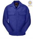 Feuerfeste Jacke, verdeckter Knopfverschluss, zwei Taschen, Manschetten mit Knopfverschluss, marineblau Farbe. CE zertifiziert, NFPA 2112, EN 11611, EN 11612:2009, ASTM F1959-F1959M-12 POBIZ2.BR