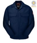 Feuerfeste Jacke, verdeckter Knopfverschluss, zwei Taschen, Manschetten mit Knopfverschluss, marineblau Farbe. CE zertifiziert, NFPA 2112, EN 11611, EN 11612:2009, ASTM F1959-F1959M-12 POBIZ2.BL