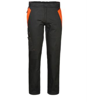 Zweifarbige Mehrtaschen-Arbeitshose mit Doppeltasche am rechten Bein, Farbe schwarz/orange